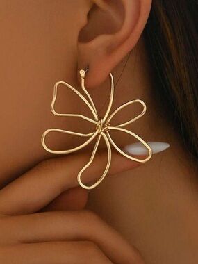 Gold Floral Wire-Loop Drop Earrings